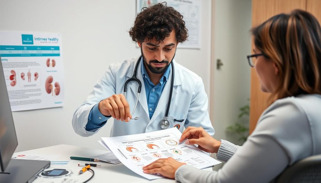 Doctor discussing intermittent fasting options with a patient concerned about kidney health Doctor discussing intermittent fasting options with a patient concerned about kidney health