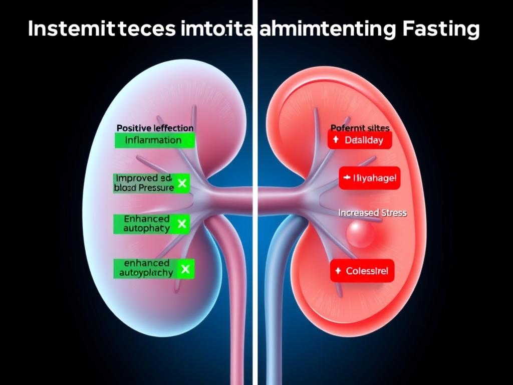 Illustration showing the contrasting effects of intermittent fasting on kidney health with both positive and negative potential outcomes Illustration showing the contrasting effects of intermittent fasting on kidney health with both positive and negative potential outcomes