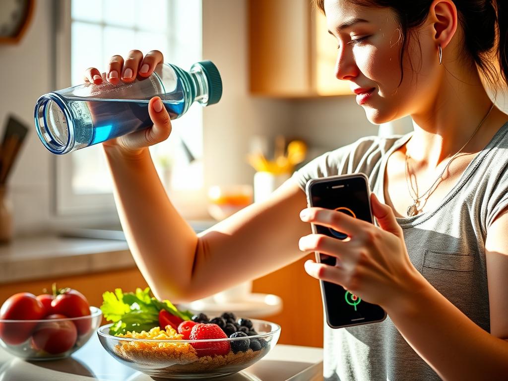 Person measuring hydration and preparing kidney-friendly foods during intermittent fasting eating window Person measuring hydration and preparing kidney-friendly foods during intermittent fasting eating window