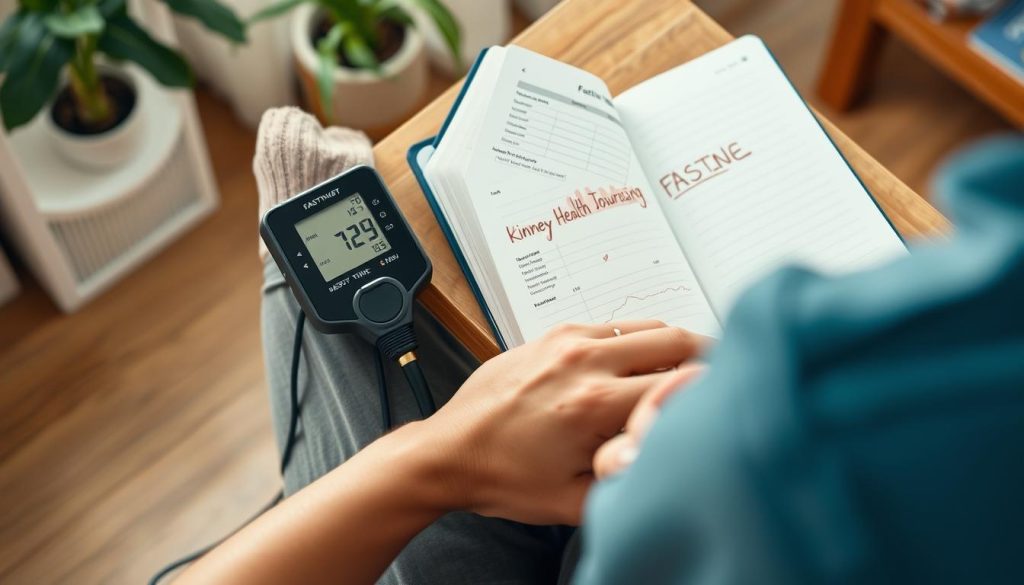 Person monitoring blood pressure and kidney health markers while following an intermittent fasting protocol Person monitoring blood pressure and kidney health markers while following an intermittent fasting protocol