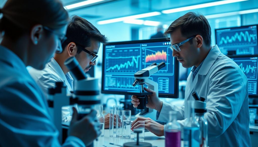 Researchers analyzing kidney biomarkers in a laboratory setting Researchers analyzing kidney biomarkers in a laboratory setting