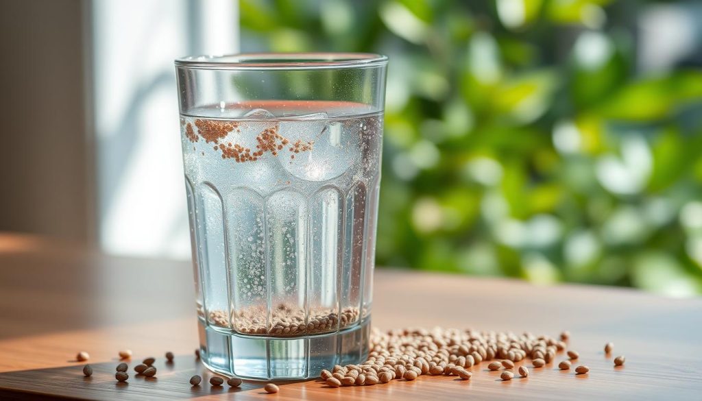 A crystalline glass filled with sparkling, translucent chia seed water, surrounded by freshly harvested chia seeds, glistening with droplets. The glass is positioned on a sleek, minimalist wooden surface, bathed in soft, natural lighting that accentuates the seeds' intricate texture and the water's mesmerizing clarity. In the background, a serene, out-of-focus botanical scene suggests a soothing, wellness-inspired atmosphere. The overall composition conveys the hydrating and nourishing benefits of chia seed water, inviting the viewer to experience its refreshing and healthful properties.