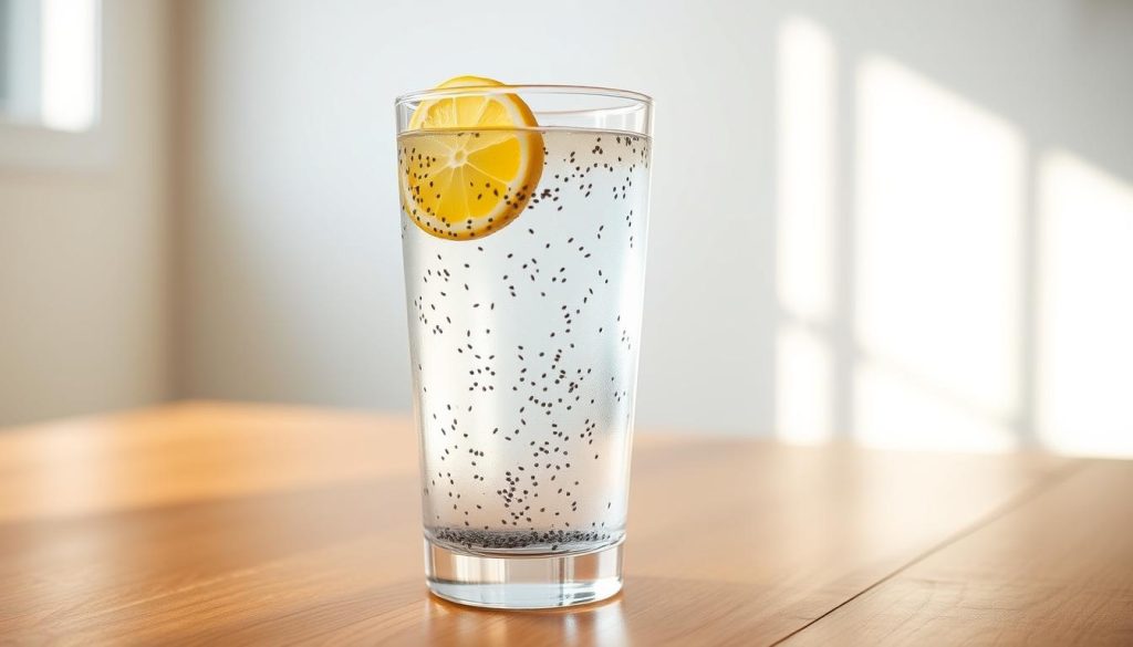 A glass filled with clear, refreshing chia seed water, garnished with a few floating chia seeds and a slice of lemon. The glass rests on a wooden table, with natural light streaming in from a window, casting a warm, inviting glow. The background is a minimalist, clean space, allowing the vibrant, hydrating beverage to be the focal point. The scene conveys a sense of simplicity, health, and the soothing ritual of preparing and enjoying a nourishing chia seed water.