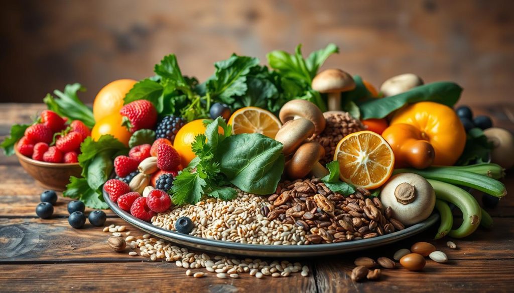 A vibrant, appetizing still life depicting a selection of cancer-fighting foods arranged artfully on a rustic wooden table. In the foreground, a platter showcases a vibrant array of fresh fruits and vegetables - juicy berries, crisp leafy greens, bright orange citrus, and earthy mushrooms. In the middle ground, whole grains such as quinoa and brown rice are displayed alongside a variety of nuts and seeds. The background features a subtle, warm-toned ambiance, with soft, diffused lighting creating a cozy, inviting atmosphere. The overall composition conveys a sense of abundance, health, and the nourishing power of a balanced, plant-based diet.