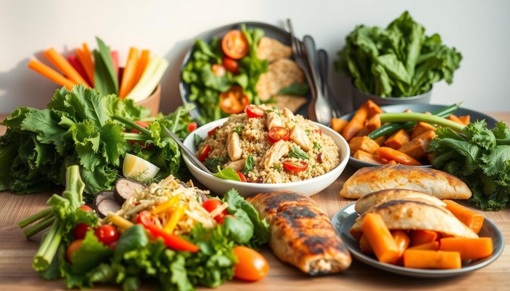 A bountiful spread of nourishing lunch dishes against a clean, minimalist backdrop. In the foreground, a variety of fresh, vibrant ingredients like leafy greens, lean protein, and colorful vegetables arranged artfully on a wooden table. The middle ground features an assortment of hearty, calorie-conscious meals, including a hearty salad, a grilled chicken and quinoa bowl, and a steamed fish fillet with roasted root vegetables. Soft, natural lighting from the side casts a warm, inviting glow, highlighting the textures and colors of the nutritious fare. The overall mood is one of simplicity, balance, and health-consciousness, perfectly capturing the essence of the "Best Foods for Visceral Fat Reduction."