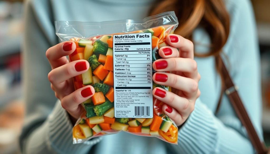 A close-up view of a woman's hands holding a package of frozen mixed vegetables, with the nutrition facts label clearly visible. The label is well-lit, allowing the ingredients, calorie count, and other key information to be legible. The packaging is vibrant and eye-catching, with a clean, modern design that conveys a sense of freshness and healthiness. The background is softly blurred, keeping the focus on the label and the product itself. The overall mood is one of thoughtful consideration, as the woman carefully examines the label to make an informed purchasing decision.