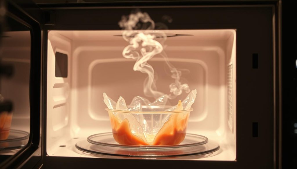 A closeup view of a microwave oven with a transparent door, revealing the inside where a plastic container is visibly melting, emitting smoke and distorted shapes. The foreground focuses on the damaged plastic, with the microwave itself slightly blurred in the middle ground. The background is a dim, ominous setting, highlighting the risks and dangers of microwaving plastic. Bright, harsh lighting from the microwave illuminates the scene, casting dramatic shadows. The overall atmosphere conveys a sense of warning and caution about the potential hazards of this common household practice.