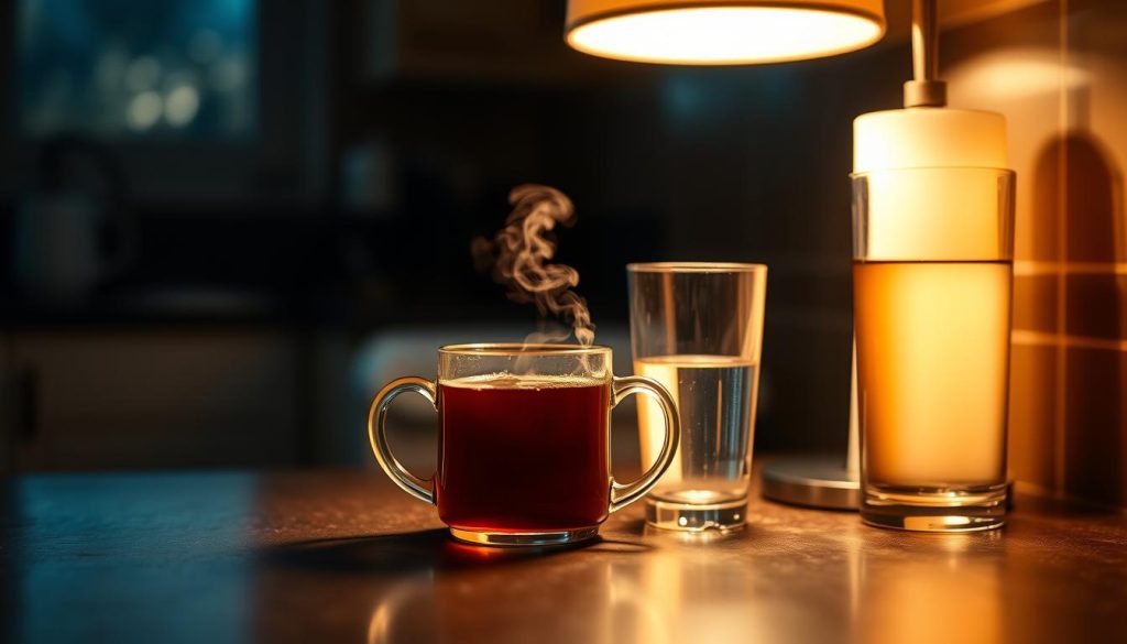 A dimly lit kitchen counter, bathed in the warm glow of a table lamp. A steaming mug of herbal tea sits alongside a glass of water, both reflecting the soft light. The scene evokes a sense of tranquility and contemplation, as if the viewer has stepped into a private moment of nighttime contemplation. The composition is balanced, with the mug and glass positioned symmetrically, creating a calming, visually pleasing arrangement. The background is slightly blurred, keeping the focus on the central elements and creating a sense of depth. This image captures the essence of the recommended late-night beverage, inviting the viewer to pause, reflect, and prioritize their well-being.