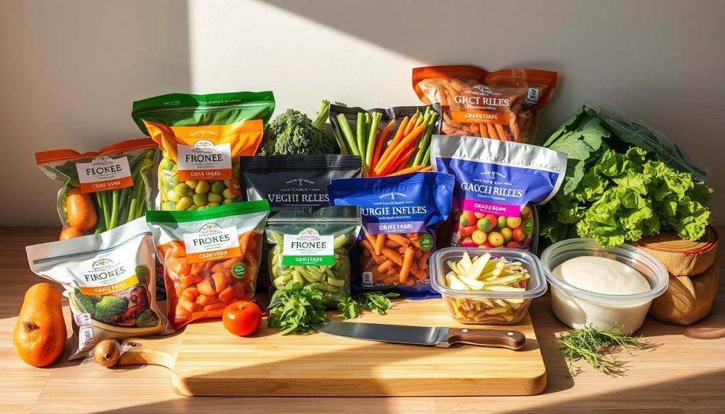 A neatly arranged still life of various frozen vegetable packages and containers, accompanied by a cutting board, chef's knife, and fresh herbs. The scene is bathed in warm, natural lighting, casting gentle shadows and highlighting the vibrant colors of the produce. The frozen vegetables are strategically positioned to suggest a balanced meal plan, with a variety of leafy greens, root vegetables, and cruciferous options. The overall composition conveys a sense of organization, health, and culinary potential, inspiring the viewer to consider the versatility and nutritional value of frozen vegetables.
