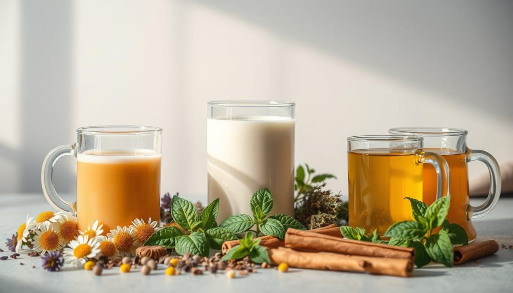 A still life arrangement depicting the health benefits of various late-night drinks. The scene is set against a softly lit, minimalist background with a neutral color palette. In the foreground, a collection of glass containers filled with different beverages - chamomile tea, warm milk, and a soothing herbal infusion - are artfully arranged. The middle ground showcases ingredients associated with each drink, such as chamomile flowers, fresh mint leaves, and cinnamon sticks, creating a sense of depth and texture. The overall composition conveys a calming, cozy atmosphere, inviting the viewer to consider the restorative properties of these nighttime elixirs. Subtle highlights and soft shadows add depth and dimension to the scene, captured with a clean, high-resolution lens.