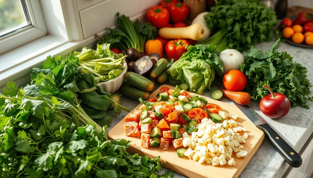 A sun-dappled kitchen counter overflows with an assortment of fresh, nutrient-dense ingredients: vibrant leafy greens, crisp vegetables, lean protein sources, and heart-healthy fats. A cutting board showcases expertly chopped ingredients, ready to be assembled into a visually appealing and satisfying lunch plate. Soft, even lighting casts a warm glow, highlighting the natural textures and colors of the food. The composition is balanced, with a focus on the central meal preparation, surrounded by the tools and elements necessary for crafting an effective, fat-reducing midday meal.