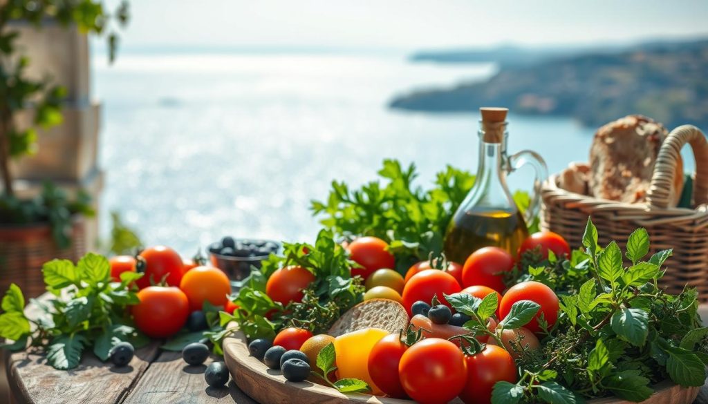 A sunlit Mediterranean scene showcasing the vibrant colors and flavors of the region's renowned diet. In the foreground, a bountiful arrangement of fresh produce - ripe tomatoes, leafy greens, olives, and aromatic herbs - adorns a rustic wooden table. In the middle ground, a glass decanter of olive oil and a basket of crusty whole-grain bread emphasize the key ingredients. The background depicts a tranquil seaside vista, with a shimmering azure sea and rolling hills in the distance. Soft, diffused lighting creates a warm, inviting atmosphere, highlighting the healthful, balanced components of the Mediterranean lifestyle.