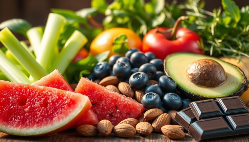 A vibrant, appetizing arrangement of power foods that naturally lower blood pressure. In the foreground, a juicy watermelon slice, crisp celery stalks, and a succulent avocado half. In the middle ground, a cluster of fresh blueberries, a handful of almonds, and a wedge of dark chocolate. In the background, lush leafy greens and sprigs of fresh herbs, illuminated by warm, golden lighting. The composition is captured from a slightly elevated angle, highlighting the textures and colors of these nutrient-dense, blood pressure-regulating ingredients. The mood is one of health, wellness, and culinary delight.