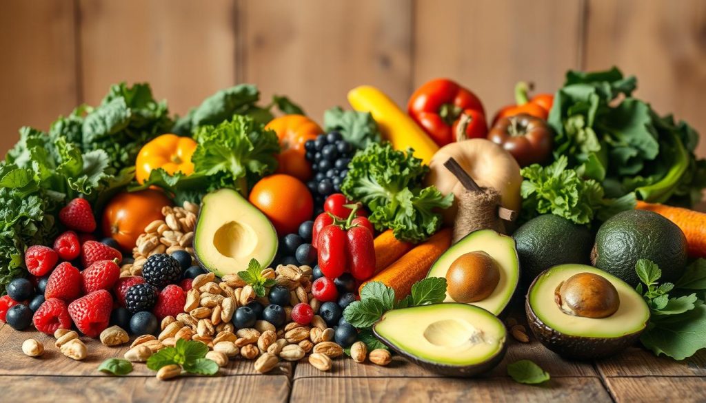 A bountiful still life of fresh, vibrant produce artfully arranged on a rustic wooden table, bathed in warm, natural lighting. In the foreground, an assortment of brain-boosting superfoods - leafy greens, berries, nuts, and avocados - carefully placed to create a visually balanced and appealing composition. The middle ground features a variety of colorful fruits and vegetables, their textures and shapes complementing each other. In the background, a simple, uncluttered setting allows the food to be the star, emphasizing the purity and wholesome nature of a balanced, brain-healthy diet.