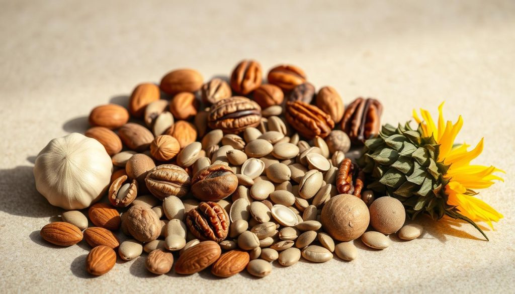 A still life arrangement of assorted brain-boosting nuts and seeds, including almonds, walnuts, pecans, pumpkin seeds, and sunflower seeds, all arranged against a neutral, earthy background. The lighting is soft and diffused, creating gentle shadows that accentuate the textures and colors of the various nuts and seeds. The composition is balanced and visually appealing, with the items arranged in a natural, organic manner. The overall mood is one of health, wellness, and mindfulness, evoking a sense of nourishment and cognitive enhancement.