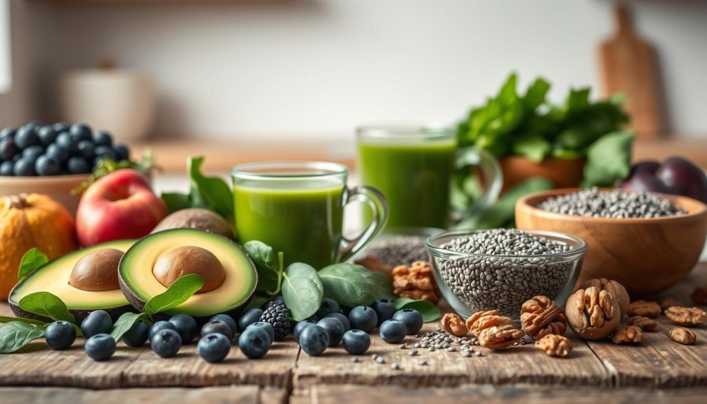 A still life arrangement of brain-boosting superfoods, captured in soft, natural lighting with a shallow depth of field. In the foreground, a collection of vibrant fruits and vegetables including blueberries, avocado, spinach, and walnuts, artfully arranged on a rustic wooden table. In the middle ground, a steaming mug of green tea and a bowl of chia seeds, representing the nutritious drinks and ingredients that complement the solid foods. The background is blurred, hinting at a minimalist, airy kitchen setting. The overall mood is one of health, wellness, and mental clarity, evoking the idea of a nourishing breakfast for cognitive enhancement.