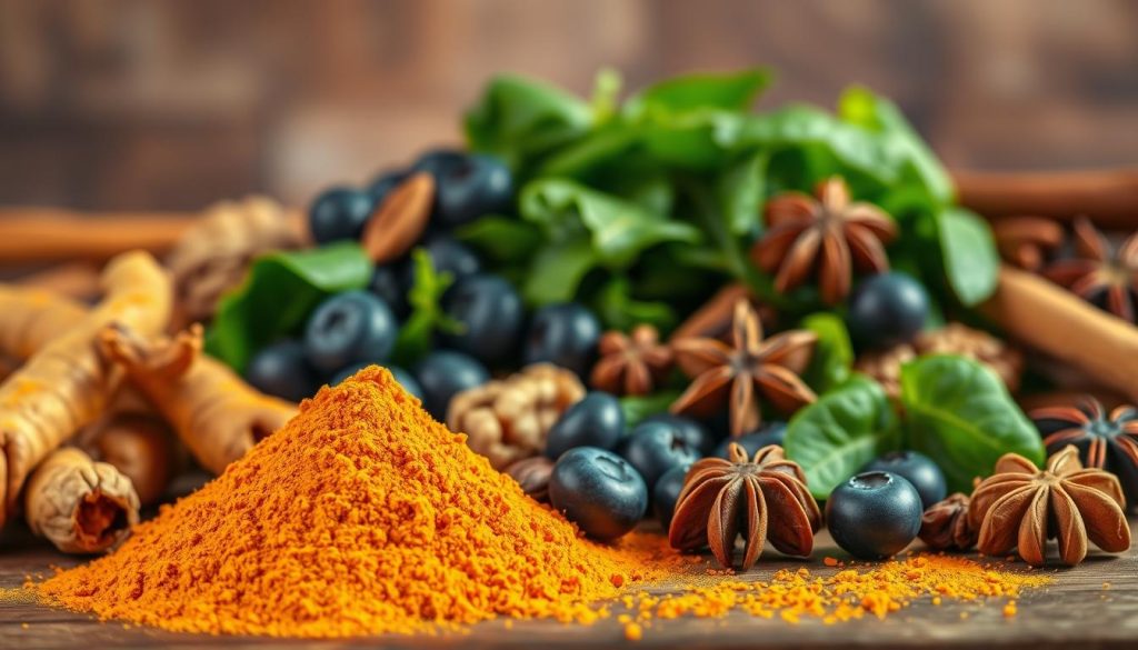 A vibrant, richly-colored still life scene depicting a selection of brain-healthy foods and spices. In the foreground, a mound of freshly ground turmeric powder sits next to a handful of whole turmeric roots, their brilliant orange hues commanding attention. In the middle ground, an array of other brain-boosting ingredients is arranged artfully - plump blueberries, crunchy walnuts, leafy green spinach, and a variety of aromatic spices such as cinnamon sticks, whole cloves, and star anise. The background is softly blurred, allowing the vibrant colors and textures of the foods to take center stage, bathed in warm, diffused lighting that casts gentle shadows. The overall composition exudes a sense of health, vitality, and the nourishing power of these key brain-supporting nutrients.