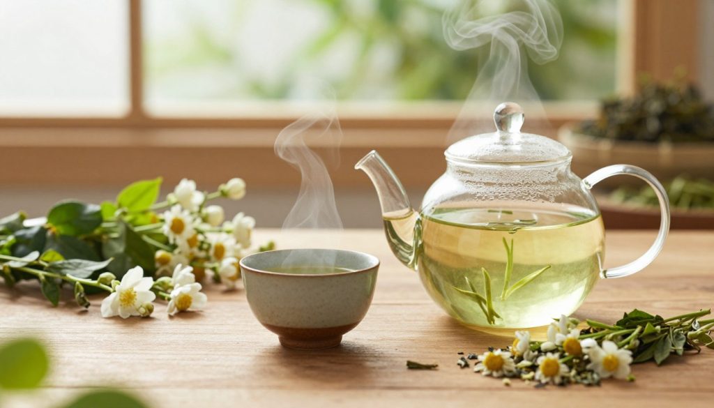 A serene and inviting scene featuring a well-crafted tea setup on a wooden table. In the foreground, a clear glass teapot filled with freshly brewed green tea emits gentle steam, alongside a rustic ceramic cup. Around them, various herbs and tea leaves, such as jasmine and chamomile, are artfully arranged, symbolizing their contributions to longevity. In the middle ground, a soft, diffused warm light filters in through a window, casting a cozy glow over the scene. In the background, blurred greenery and natural elements add freshness and tranquility, suggesting a peaceful, health-oriented lifestyle. The overall mood is calm and rejuvenating, evoking a sense of wellness and the joy of mindful drinking for longevity.