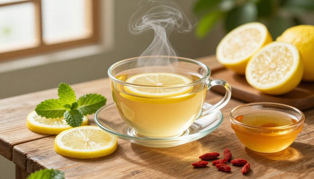A serene, inviting tea setup featuring a steaming cup of longevity tea, placed on a rustic wooden table. Surrounding the cup are vibrant, fresh ingredients for smart add-ins: slices of lemon, sprigs of fresh mint, a small bowl of honey, and a sprinkle of goji berries, creating an aesthetically pleasing arrangement. In the background, soft-focus greenery evokes a calming atmosphere, suggesting health and vitality. Warm, natural light streams in from a nearby window, enhancing the freshness of the ingredients and providing a gentle glow on the tea cup. The scene captures a sense of tranquility and wellness, emphasizing the theme of enhancing the benefits of tea with natural add-ins. The angle is a slightly elevated perspective, allowing a full view of the luscious ingredients.