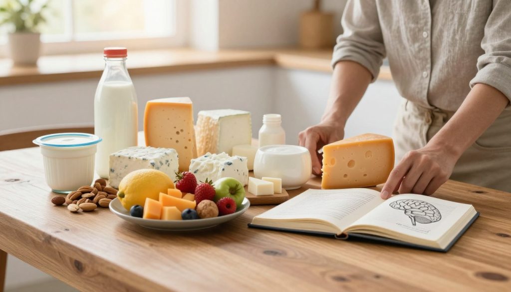 A bright and inviting kitchen scene featuring a diverse selection of dairy products, including whole milk, cheese, and yogurt, artfully arranged on a rustic wooden table. In the foreground, a professional individual in modest casual clothing is examining a colorful plate of fruits and nuts, symbolizing nutrient synergy. The middle ground showcases vibrant dairy items alongside scientific elements like an open notebook with notes on cognitive function and a brain illustration. The background features soft sunlight streaming through a window, creating a warm, cheerful atmosphere. The scene is framed with a slight tilt from a low angle, emphasizing the importance of dairy fat in a holistic dietary approach, while maintaining a clear focus on the interaction between food and cognitive health.