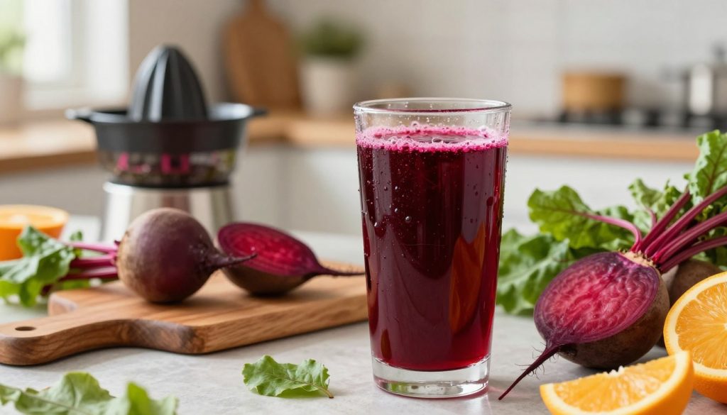 A vibrant and visually enticing scene showcasing a glass of beet juice, rich in deep crimson hues, placed prominently in the foreground. The glass is filled to the brim, with a few droplets of condensation glistening on the outside, suggesting freshness. Surrounding the glass are fresh beets, leafy greens, and slices of citrus fruits, emphasizing the drink's health benefits. In the middle ground, a wooden cutting board with a juicer contrasts nicely with the natural elements. The background features a softly blurred kitchen setting with warm, natural light streaming in from a nearby window, creating a cozy atmosphere that symbolizes well-being and vitality. The overall mood is energetic yet calming, highlighting the connection between nutrition and brain health.