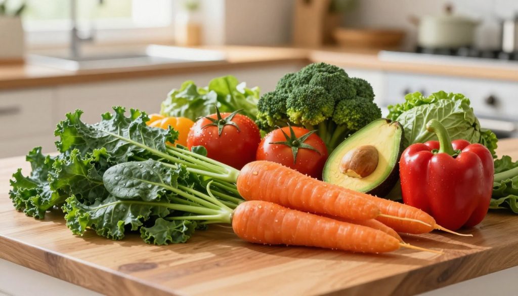 A vibrant display of fresh, colorful vegetables arranged artfully on a wooden kitchen table, emphasizing a healthy eating lifestyle for brain health. In the foreground, there are leafy greens like kale and spinach, alongside bright orange carrots and red bell peppers. The middle ground features a variety of other vegetables such as broccoli, tomatoes, and avocados, all glistening with dew, suggesting freshness. In the background, softly blurred, is a sunlit kitchen with subtle light streaming through a window, creating a warm and inviting atmosphere. The scene is shot from a slightly elevated angle, lending depth to the arrangement. The overall mood is cheerful and nourishing, promoting the idea of wholesome eating for cognitive well-being.