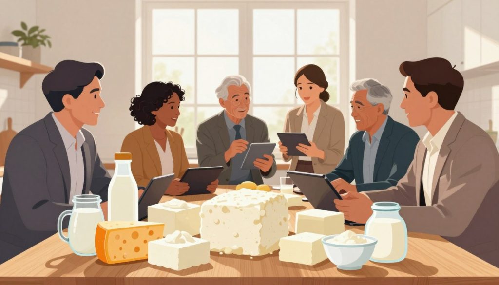 A vibrant, informative illustration depicting the relationship between dairy fat intake and dementia risk, set in a clean, professional kitchen. In the foreground, an array of dairy products like cheese, yogurt, and milk is artistically arranged on a wooden table, symbolizing healthy fat intake. In the middle, a diverse group of middle-aged individuals, dressed in professional business attire, are engaged in animated conversation while reviewing relevant nutritional data on tablets, highlighting genetic considerations in their discussions. The background features a bright, sunny window, casting warm light, enhancing the uplifting mood of the scene, with gentle shadows adding depth. The overall atmosphere is optimistic and educational, focusing on health and community awareness around dietary choices and mental well-being.