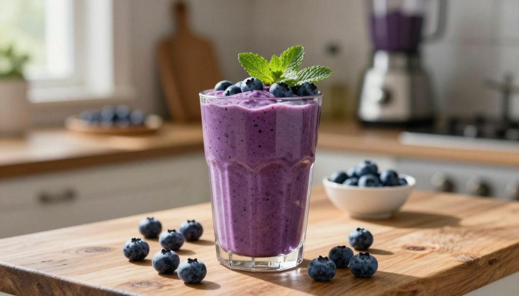 A vibrant, inviting blueberry smoothie, thick and creamy, sits in a clear glass with fresh blueberries and mint leaves adorning the top. The smoothie features a rich purple hue, indicating high antioxidant content, surrounded by a scattering of whole blueberries on a rustic wooden countertop. In the background, soft-focus kitchen elements, like a blender and ingredients, create a sunny, homey atmosphere. Natural light filters in from a nearby window, casting gentle shadows and illuminating the smoothie, enhancing its freshness. The angle captures the smoothie at eye level, inviting viewers to imagine the taste and health benefits of this brain-boosting drink.