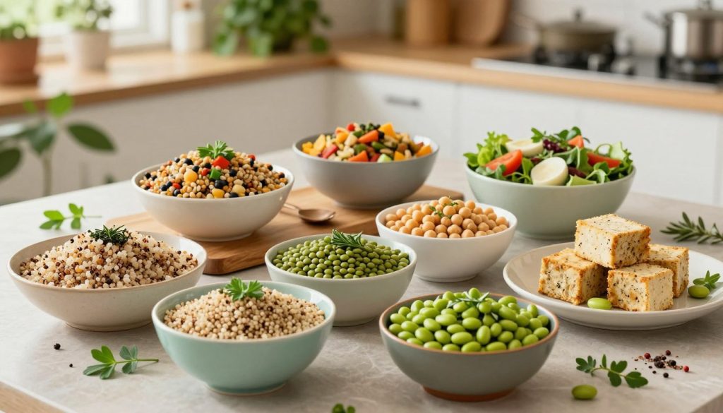 A beautifully arranged tabletop featuring various plant-based protein sources that surpass the protein content of eggs. In the foreground, colorful bowls of quinoa, lentils, chickpeas, tempeh, and edamame are displayed artistically. Each protein source is garnished with fresh herbs and spices, showcasing their vibrant textures. In the middle ground, a wooden cutting board holds a variety of plant-based meals, such as a colorful grain bowl and a hearty salad, highlighting creative uses for these proteins. The background features a softly lit kitchen with plants and a herb garden, adding a warm and inviting atmosphere. The overall lighting is natural, giving the scene an appealing and fresh mood, ideal for a health-oriented article. The camera angle is slightly above eye level, allowing for a comprehensive view of the delicious spread.