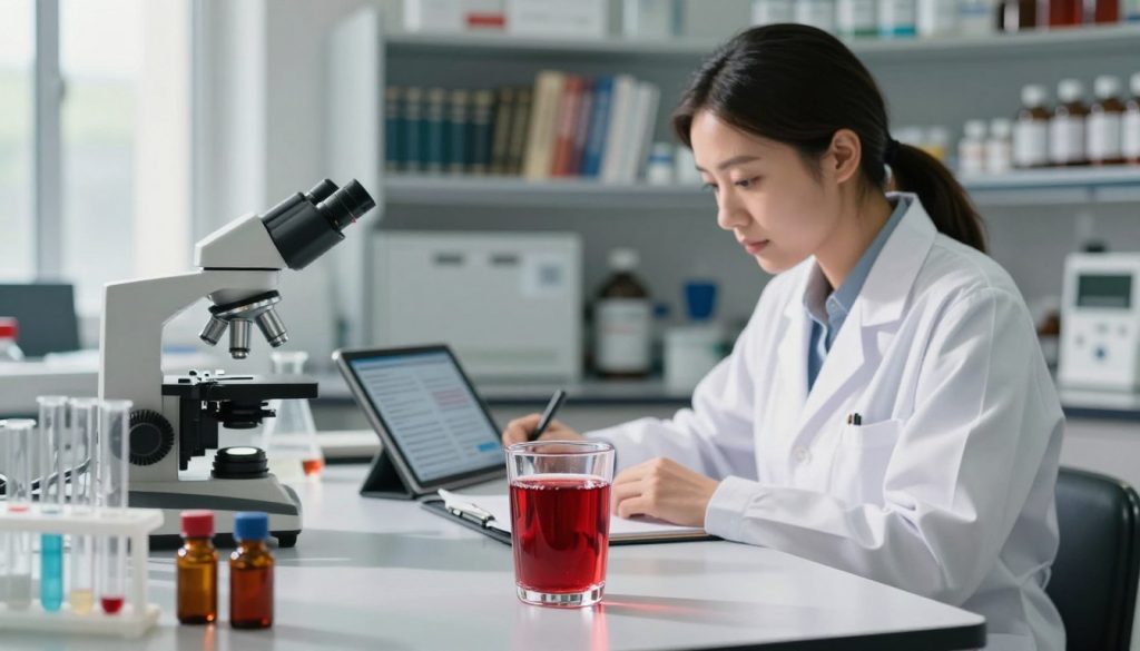 A modern laboratory setting where a professional female scientist in a white lab coat is analyzing cranberry juice and its effects on UTI prevention. The foreground features a glass of vibrant red cranberry juice placed on a polished lab table, surrounded by scientific equipment like test tubes and a microscope. In the middle ground, the scientist is engaged in note-taking while reviewing clinical studies displayed on a digital tablet, emphasizing focus and research. The background shows shelves filled with medical textbooks and herbal supplements, creating a sense of depth and academic exploration. Soft, natural lighting filters through a window, casting gentle shadows that enhance the mood of inquiry and discovery. The atmosphere is professional yet inviting, highlighting the intersection of natural remedies and scientific research.
