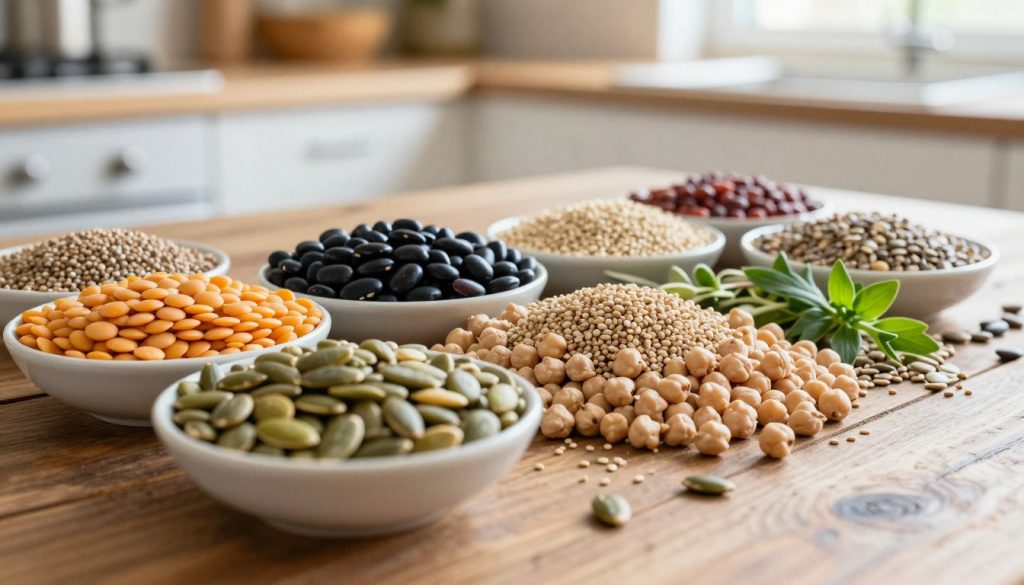 A vibrant arrangement of assorted legumes and seeds rich in protein, such as lentils, chickpeas, black beans, quinoa, pumpkin seeds, and hemp seeds, artfully displayed on a rustic wooden table. In the foreground, focus on a bowl overflowing with these legumes and seeds, showcasing their diverse textures and colors. In the middle ground, include a scattering of raw, shelled seeds and legumes, with a few sprigs of fresh herbs for added contrast. The background features a soft-focus kitchen setting with natural light streaming in, illuminating the scene and creating a warm, inviting atmosphere. Use a shallow depth of field to emphasize the foreground while blurring the background, capturing a sense of abundance and healthiness.