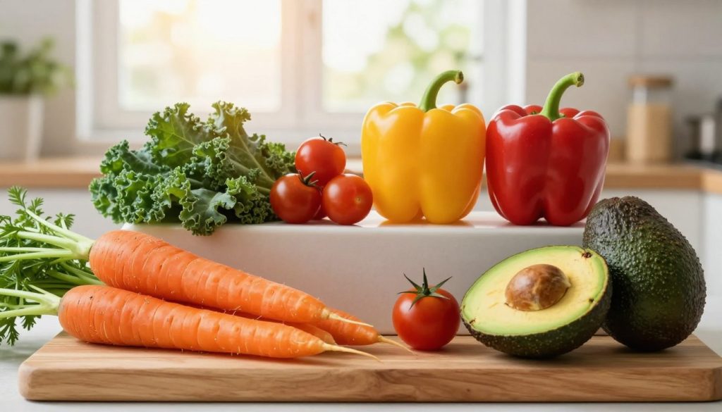 A vibrant display of five raw foods better consumed before cooking, arranged artistically. In the foreground, brightly colored vegetables such as crisp carrots, deep green kale, juicy cherry tomatoes, vibrant bell peppers, and ripe avocados are meticulously arranged on a wooden cutting board. The middle layer features a clean, natural kitchen setting with soft, diffused lighting that enhances the fresh textures and colors of the foods. The background showcases a blurred window with gentle sunlight streaming in, creating a warm and inviting atmosphere. The overall mood is one of health and vitality, emphasizing the benefits of raw foods and their appeal in a healthy lifestyle.