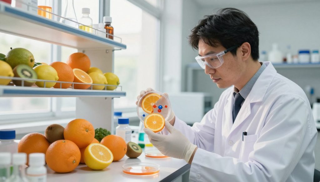 A vibrant, informative scene illustrating the concept of vitamin C's potential in cancer prevention. In the foreground, showcase a cutting-edge laboratory setting featuring a researcher in a white lab coat, examining a petri dish with orange slices and vitamin C molecules, emphasizing scientific study. In the middle ground, include shelves filled with colorful fruit like oranges, lemons, and kiwis, symbolizing natural sources of vitamin C. The background should depict a bright, well-lit lab with a window showing a sunny day outside, creating an optimistic atmosphere. Use warm, inviting lighting to enhance the feeling of hope and positivity, capturing the essence of nutritional science and health awareness. The camera angle should be slightly elevated, focusing on the researcher’s interaction with the fruit and research materials.