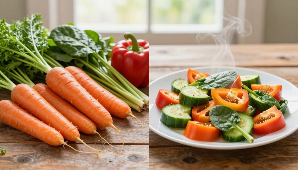 A visually appealing comparison of raw and cooked foods arranged side by side. On the left, vibrant, fresh vegetables like carrots, spinach, and bell peppers are laid out on a rustic wooden table, displaying their raw textures and colors. On the right, the same vegetables are beautifully plated, cooked to enhance their natural colors, steaming slightly to indicate warmth. The background features a soft, natural light coming from a window, creating a warm and inviting atmosphere. The angle is slightly overhead, capturing both the freshness of the raw foods and the delicious presentation of the cooked dishes. The scene conveys a healthy lifestyle, emphasizing the contrast between the raw and cooked food profiles without any distractions or text elements.