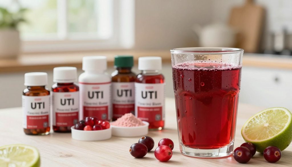A visually engaging composition featuring an assortment of cranberry products ideal for UTI treatment. In the foreground, display a glass of vibrant, fresh cranberry juice with droplets of condensation on the surface, accompanied by whole cranberries and slices of fresh lime. In the middle, arrange a selection of cranberry supplements and concentrates, neatly organized, reflecting their diverse forms—soft gels, powder, and liquid extracts. The background should subtly showcase a serene kitchen setting with soft, natural lighting filtering through a window, creating a warm and inviting atmosphere. Use a shallow depth of field to draw focus on the juice and products while softening the kitchen details. Aim for a balanced composition that highlights the importance of choosing the right cranberry product, evoking a sense of health and wellness.