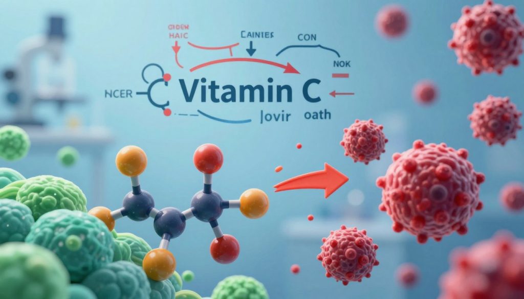 An intricate scientific illustration highlighting the mechanisms of Vitamin C in tumor growth inhibition. In the foreground, depict molecular structures of Vitamin C interacting with cancer cells, showcasing vibrant colors like green and orange for Vitamin C and deep reds for cancer cells to imply the battle between them. The middle layer should reveal biochemical pathways, illustrated with arrows and connections, symbolizing the processes Vitamin C employs to inhibit tumor growth, set against a soft blue background representing a laboratory setting. Soft, diffuse lighting enhances the clarity of the details. Focus on a dynamic angle that conveys a sense of action within the biological environment, creating an atmosphere of hope and scientific discovery. Make it visually engaging and scientifically informative to resonate with the theme of cancer prevention.