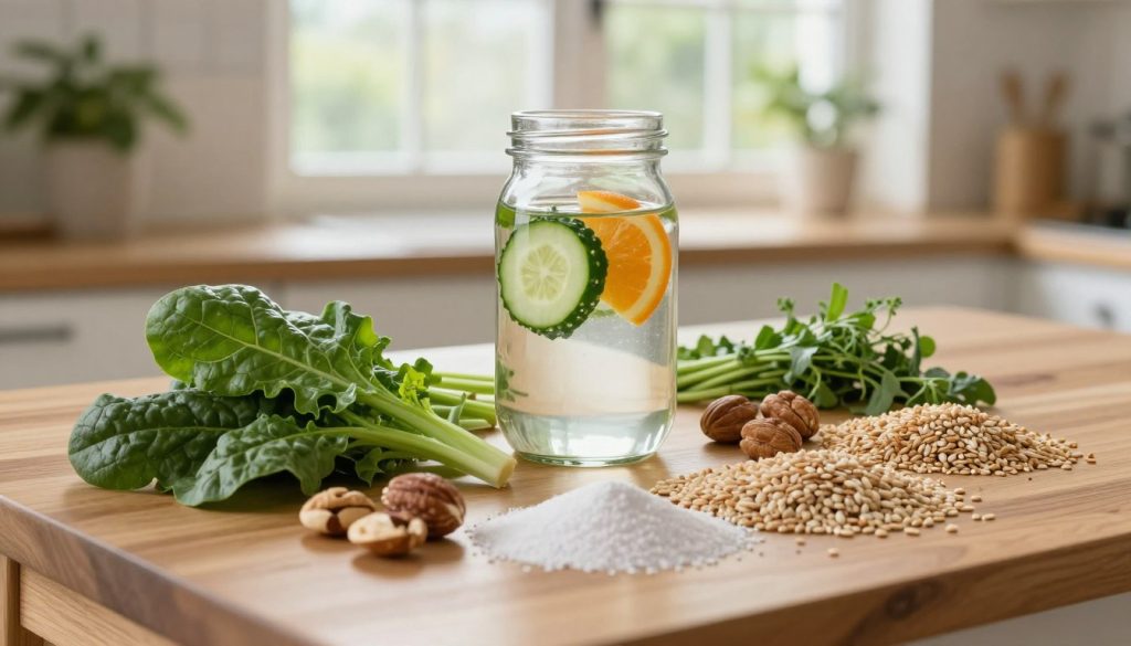A tranquil kitchen setting showcasing the benefits of magnesium for gut health. In the foreground, a wooden table holds an array of magnesium-rich foods such as leafy greens, nuts, and whole grains, artfully arranged. The middle ground features a clear glass jar filled with water, infused with green cucumber slices and citrus, symbolizing hydration and digestion. In the background, soft natural light filters through a window, creating a warm and inviting atmosphere. Subtle plants and herbs are visible, enhancing the feeling of freshness. The camera angle is slightly overhead, providing an engaging view of the nutritious ingredients while maintaining a serene and health-focused mood. The overall composition reflects wellness and vitality, inviting the viewer to explore the connection between magnesium and gut health.