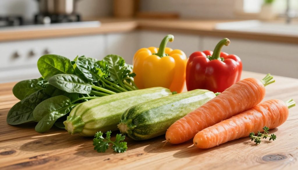 A vibrant and colorful arrangement of kidney-friendly vegetables, featuring fresh spinach, zucchini, bell peppers, and carrots. The vegetables are artistically arranged on a rustic wooden table, with a soft focus background of a sunlit kitchen. Warm, natural lighting highlights the textures and colors of the vegetables, casting gentle shadows that enhance their freshness. A few scattered herbs like parsley and thyme add an organic touch. The scene conveys a healthy, inviting atmosphere, ideal for promoting a nutritious lifestyle. Capture the vegetables at eye level for a close-up perspective, emphasizing their natural beauty and encouraging a sense of abundance. The overall mood is uplifting and vibrant, celebrating wholesome eating. A vibrant and colorful arrangement of kidney-friendly vegetables, featuring fresh spinach, zucchini, bell peppers, and carrots. The vegetables are artistically arranged on a rustic wooden table, with a soft focus background of a sunlit kitchen. Warm, natural lighting highlights the textures and colors of the vegetables, casting gentle shadows that enhance their freshness. A few scattered herbs like parsley and thyme add an organic touch. The scene conveys a healthy, inviting atmosphere, ideal for promoting a nutritious lifestyle. Capture the vegetables at eye level for a close-up perspective, emphasizing their natural beauty and encouraging a sense of abundance. The overall mood is uplifting and vibrant, celebrating wholesome eating.