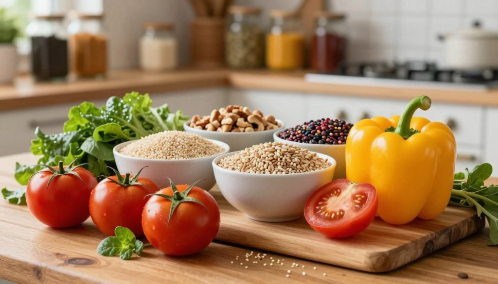 A vibrant and colorful display of a balanced diet featuring whole foods. In the foreground, an assortment of fresh fruits and vegetables, including bright red tomatoes, leafy greens, and vibrant yellow bell peppers, arranged artfully on a wooden cutting board. In the middle ground, bowls of whole grains like quinoa and brown rice, topped with nuts and seeds, showcasing a variety of textures. In the background, a warm, inviting kitchen with soft natural lighting, highlighting a rustic wooden table and shelves filled with jars of legumes and spices. The atmosphere is wholesome and nurturing, reflecting a commitment to health and wellness. The image should convey a sense of abundance and vitality, focusing solely on the beauty of whole foods without any distractions or text elements.