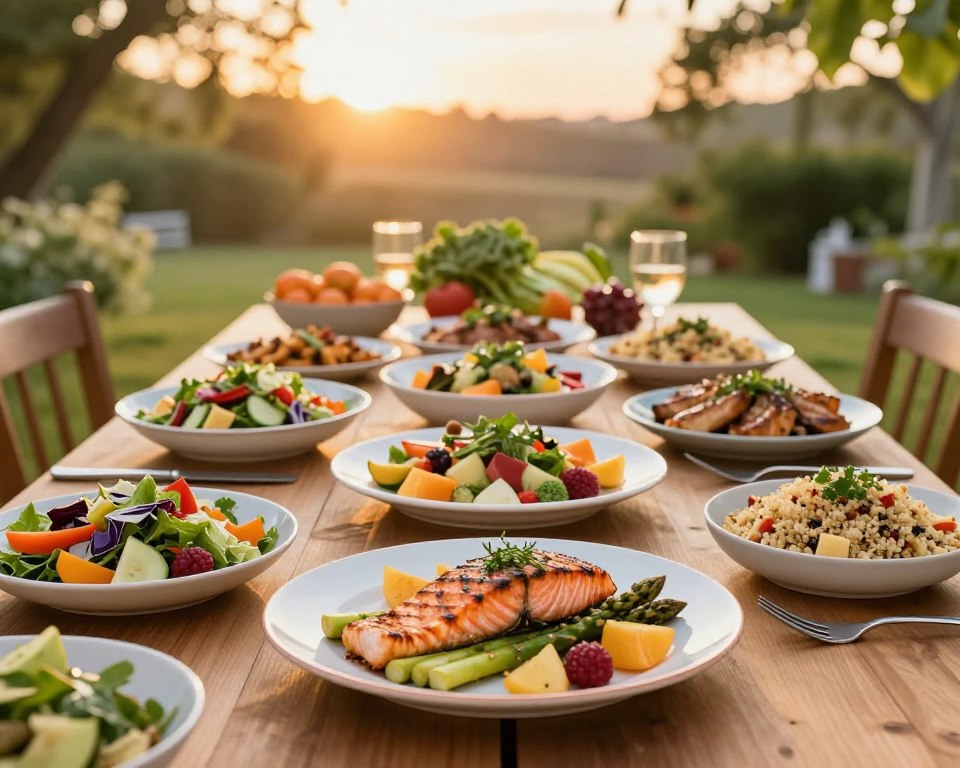 A vibrant and inviting table set for a summer dinner featuring a variety of 30 healthy dishes, including colorful salads, grilled vegetables, quinoa bowls, and lean proteins. Foreground: Close-up of an artfully arranged plate of grilled salmon with asparagus and a refreshing fruit salad, garnished with herbs. Middle: A wooden dining table adorned with various vibrant dishes, fresh produce, and utensils, creating a sense of abundance. Background: A sunlit outdoor setting with greenery, soft shadows from trees, and a warm sunset glow, adding a serene and cheerful atmosphere. Soft, diffused lighting enhances the fresh colors of the food, inviting viewers to celebrate healthy eating. The overall mood is joyful and wholesome, perfect for a family gathering.