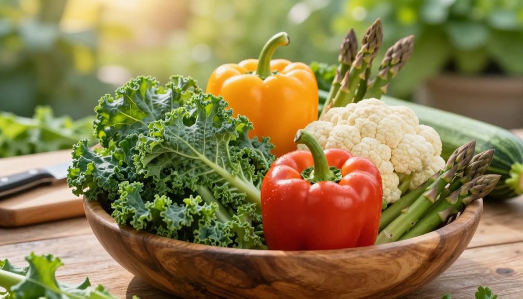 A vibrant arrangement of fresh vegetables beneficial for renal health, prominently featuring kale, bell peppers, cauliflower, zucchini, and asparagus. In the foreground, showcase these vegetables in a rustic wooden bowl, displaying their rich colors and textures. The middle ground includes a cutting board with a knife, suggesting preparation, while in the background, soft-focused greenery implies a garden setting, creating a natural atmosphere. The lighting is warm and inviting, emulating soft sunlight to enhance the freshness of the produce, with a slight depth of field to keep attention on the vegetables. This composition conveys a sense of health and vitality, perfect for illustrating the importance of incorporating these vegetables into one's diet. A vibrant arrangement of fresh vegetables beneficial for renal health, prominently featuring kale, bell peppers, cauliflower, zucchini, and asparagus. In the foreground, showcase these vegetables in a rustic wooden bowl, displaying their rich colors and textures. The middle ground includes a cutting board with a knife, suggesting preparation, while in the background, soft-focused greenery implies a garden setting, creating a natural atmosphere. The lighting is warm and inviting, emulating soft sunlight to enhance the freshness of the produce, with a slight depth of field to keep attention on the vegetables. This composition conveys a sense of health and vitality, perfect for illustrating the importance of incorporating these vegetables into one's diet.