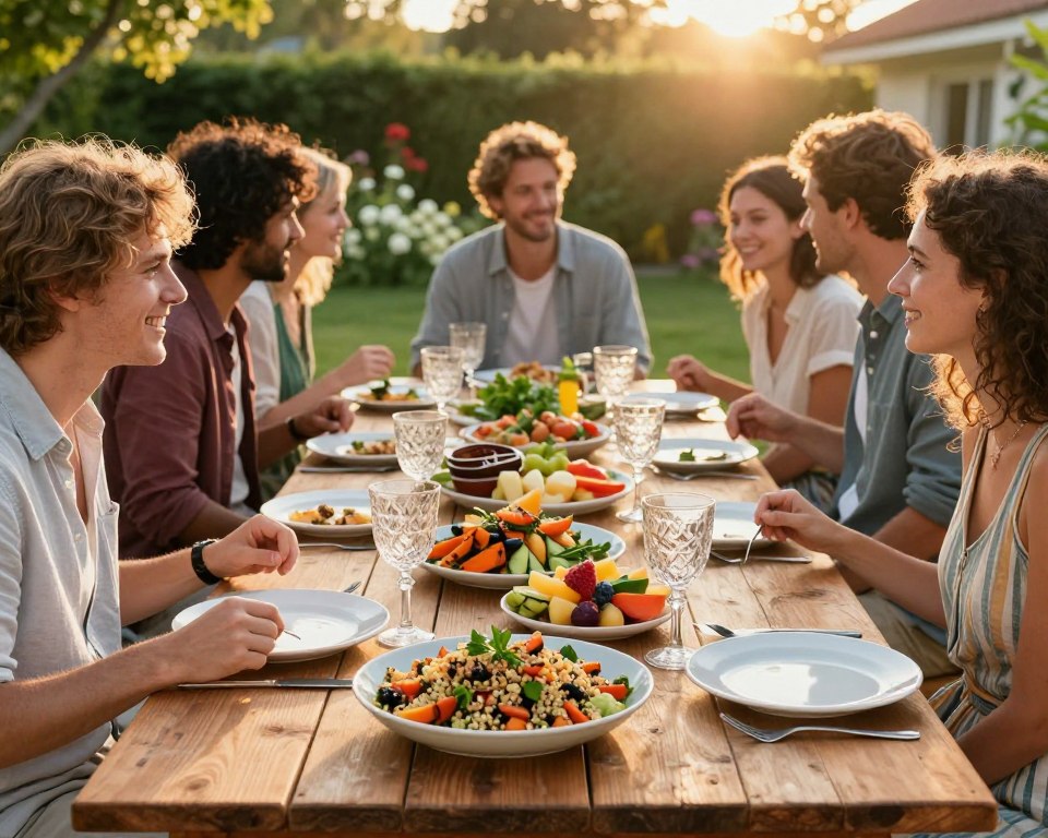 A vibrant summer dinner scene set outdoors on a sunny evening. In the foreground, a rustic wooden table elegantly arranged with a variety of light, healthy dishes, including a colorful quinoa salad, grilled vegetables, and fresh fruit platters, garnished with herbs. Glimmering glassware and simple white plates enhance the freshness of the meal. In the middle ground, cheerful diners in modest, casual summer clothing are enjoying their meal, smiling and engaged in conversation. The background features lush greenery and blooming flowers, bathed in warm golden sunlight, creating a relaxed, inviting atmosphere. Use soft natural lighting to evoke a cheerful, lighthearted mood, and capture the scene from a slightly elevated angle to showcase the delicious food and joyful interaction.
