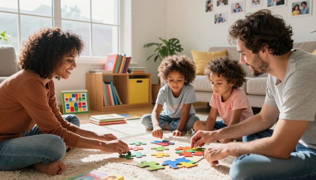 A warm and inviting family scene showcasing diverse family members, including a mother, father, and two children, engaged in mental stimulation exercises. In the foreground, the parents lead a fun game involving puzzle pieces, encouraging collaboration and conversation, while the children focus intently, exchanging ideas. In the middle ground, a vibrant living room with colorful books and educational games scattered around creates an atmosphere of creativity. Bright natural light filters through large windows, casting soft shadows on a cozy area rug. The background features family photos that enhance a sense of togetherness and warmth. The overall mood is joyful and engaging, reflecting how family activities can foster connection and enhance brain function. A warm and inviting family scene showcasing diverse family members, including a mother, father, and two children, engaged in mental stimulation exercises. In the foreground, the parents lead a fun game involving puzzle pieces, encouraging collaboration and conversation, while the children focus intently, exchanging ideas. In the middle ground, a vibrant living room with colorful books and educational games scattered around creates an atmosphere of creativity. Bright natural light filters through large windows, casting soft shadows on a cozy area rug. The background features family photos that enhance a sense of togetherness and warmth. The overall mood is joyful and engaging, reflecting how family activities can foster connection and enhance brain function.