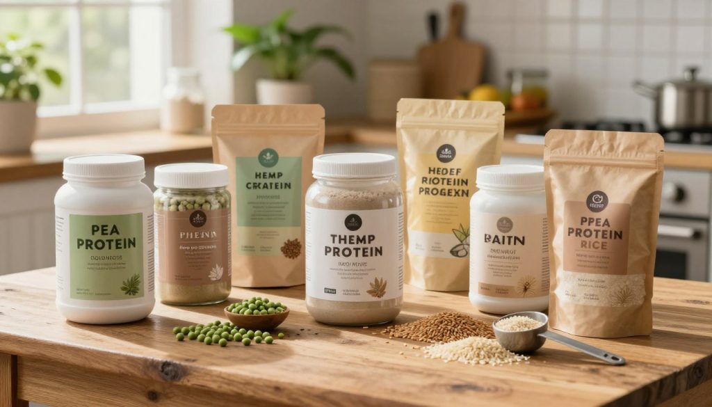 A well-organized display of various plant-based protein powders in natural packaging, arranged aesthetically on a rustic wooden table. In the foreground, sleek containers labeled with ingredients like pea protein, hemp protein, and brown rice protein, with distinctive colors and textures. In the middle, a scattering of raw ingredients like peas, hemp seeds, and brown rice alongside measuring scoops, all illuminated softly by natural sunlight filtering through a nearby window, creating a warm, inviting atmosphere. In the background, a blurred image of a kitchen setting with green plants and healthy food items, enhancing the focus on the protein powders. The scene conveys a mood of wellness and nutrition, inspiring viewers to consider plant-based supplements as part of a balanced diet, captured from a slightly elevated angle for depth.
