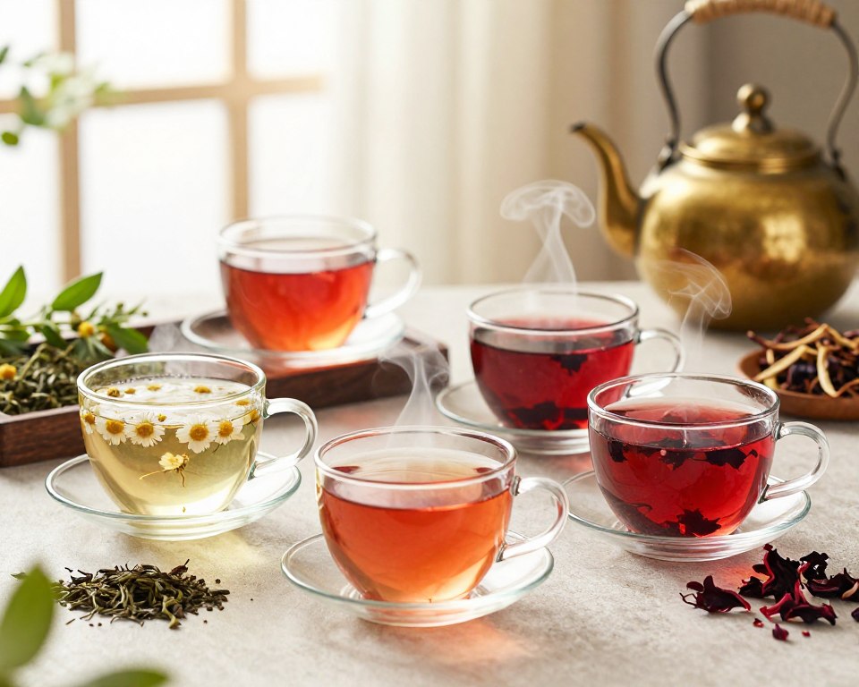 An artistic composition capturing a serene herbal tea setting, focused on a table laden with various herbal tea blends known to impact high blood pressure. In the foreground, display clear glass teacups filled with steaming herbal infusions, such as chamomile, hibiscus, and licorice root, showcasing their vibrant colors. In the middle ground, include a small wooden tray adorned with loose tea leaves and sprigs of fresh herbs beside a classic brass kettle. The background should feature a softly blurred window with gentle sunlight filtering through sheer curtains, creating a warm, inviting atmosphere. Use soft, natural lighting to evoke a calm mood, favoring a slightly elevated angle that highlights the teacups and herbal ingredients harmoniously.
