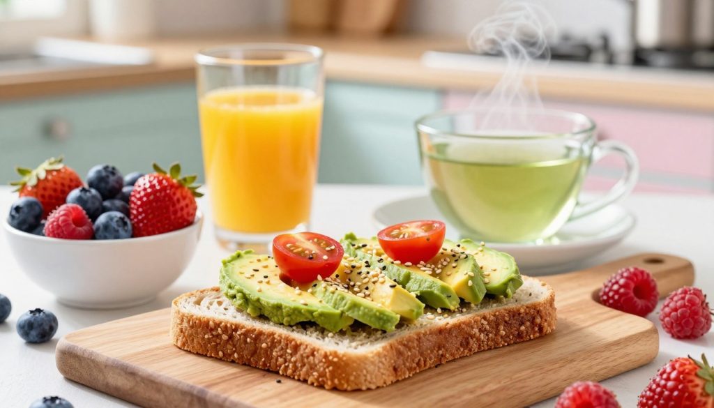 A beautiful and vibrant breakfast spread showcasing heart-healthy ingredients. In the foreground, place a wooden cutting board with slices of whole grain bread topped with smashed avocado, sprinkled with sesame seeds and cherry tomatoes. A bowl of fresh berries—blueberries, strawberries, and raspberries—sits nearby, glistening under soft morning light. In the middle ground, include a glass of freshly squeezed orange juice and a steaming cup of green tea, elegantly placed against a backdrop of a sunny kitchen with soft pastel colors. The atmosphere should feel warm and inviting, evoking a sense of health and vitality. Use natural lighting to accentuate the freshness of the ingredients, with a slight depth of field for a professional look.