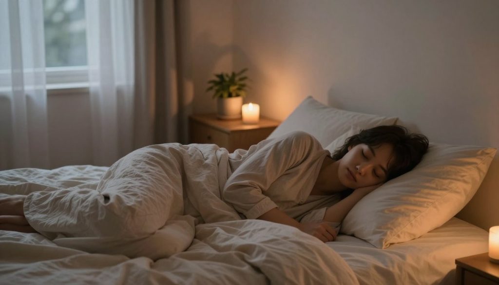 A calm bedroom scene at twilight, featuring a cozy, neatly made bed adorned with soft, natural-colored linens. In the foreground, a person, dressed in comfortable, modest sleepwear, is peacefully nestled against a plush pillow, with their eyes gently closed, embodying tranquility and relaxation. In the middle ground, a bedside table holds a warm, glowing candle and a small potted plant, symbolizing mindfulness and natural elements. The background shows a window slightly open, with sheer curtains fluttering softly, allowing a faint breeze to enter, enhancing the serene atmosphere. The lighting is soft and warm, casting gentle shadows, creating a peaceful ambiance. The overall mood is restful and inviting, conveying the essence of falling asleep naturally and mindfully.