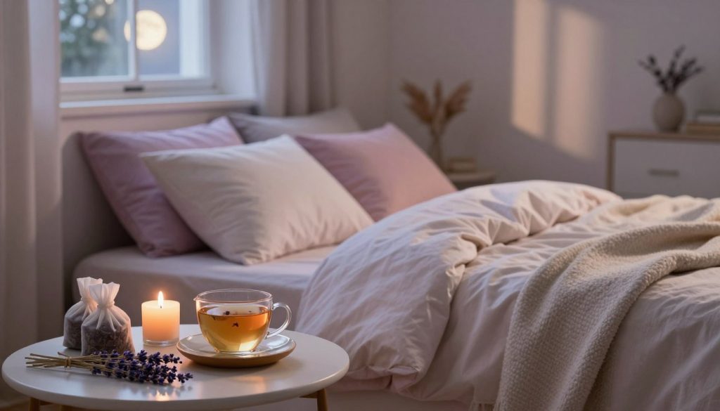 A serene bedroom scene showcasing natural sleep remedies for better sleep. In the foreground, a beautifully arranged bedside table displays a calming herbal tea set, lavender sachets, and a flickering candle. The middle ground features a cozy bed with soft, pastel bedding, adorned with plush pillows and a light blanket. In the background, a window allows gentle moonlight to stream in, illuminating the room with a soft, soothing glow. The atmosphere is tranquil and inviting, promoting a sense of relaxation. Soft shadows play across the walls, enhancing the peaceful mood. The scene is captured with a warm, diffused lighting, reminiscent of a peaceful nighttime setting. The angle should subtly emphasize layers and depth, inviting viewers to envision their own calming bedtime routine.