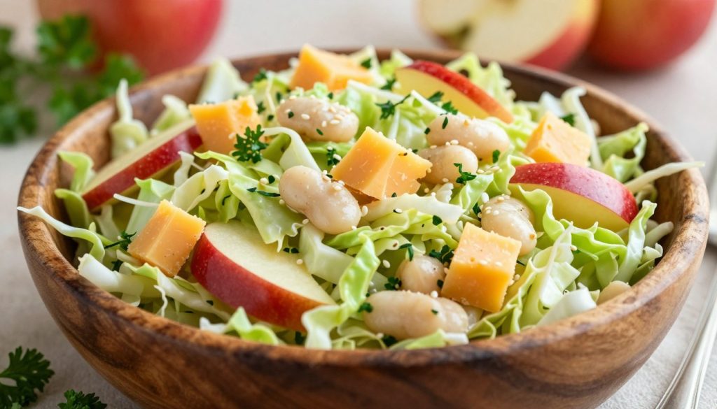 A vibrant apple-cabbage salad beautifully arranged in a rustic wooden bowl, filled with shredded green cabbage, diced red apples, creamy white beans, and sharp cheddar cheese cubes. The foreground showcases the salad, emphasizing its colorful ingredients: bright green cabbage, deep red apple slices, and golden cheddar. Surround the bowl with fresh herbs like parsley and scattered sesame seeds for added texture. In the background, softly blurred kitchen elements hint at a cozy cooking environment, bathed in warm, natural lighting to evoke a fresh and inviting atmosphere. The scene is captured from a slight overhead angle, enhancing the salad's appetizing appeal. The overall mood is healthy and vibrant, perfect for a nutritious meal option.